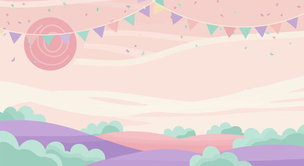 Pastel landscape with bunting and confetti creates a whimsical celebration scene