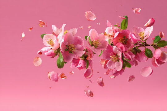 Fresh quince blossom, beautiful pink flowers falling in the air isolated on pink background. Zero gravity or levitation, spring flowers conception, high resolution image