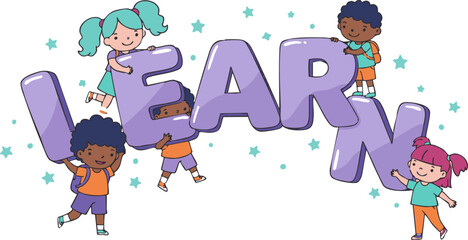 Diverse group of children collaboratively building the word learn with enthusiasm