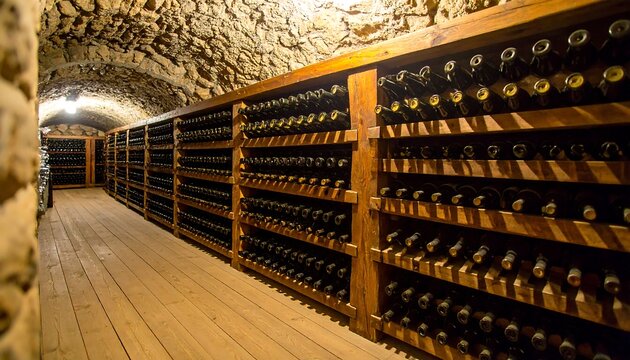 Wine cellar with wooden shelves filled with bottles