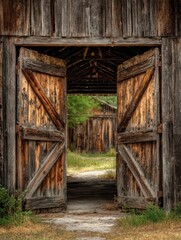 Naklejka premium Sunlit Open Barn Doors: A Close-Up View of Weathered Wood in a Rural Georgian Landscape