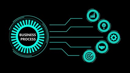Obraz premium Modern business process infographic with neon icons on a dark background for presentation