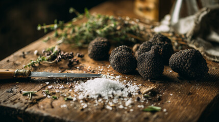 Fototapeta premium Fresh Black Truffles on Rustic Wooden Table.