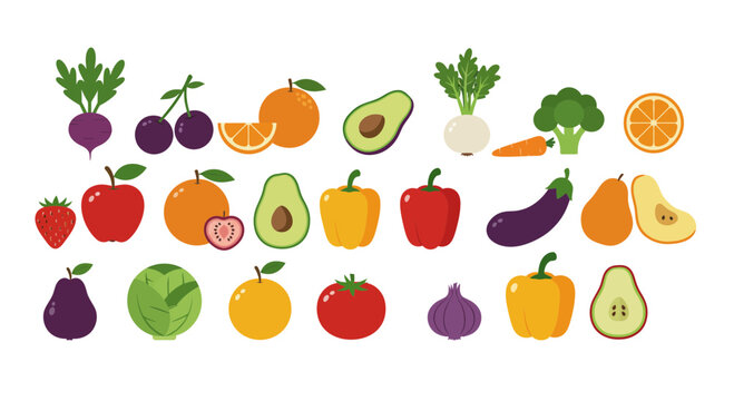 Fresh fruit and vegetables arranged in colorful display, vibrant healthy eating choices, promotes wellness & nutrition, ideal for recipes or health campaigns