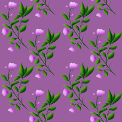 Beautiful pink flowers and green branches with leaves, seamless floral botanical pattern. Digital watercolor hand drawn. For fabric, textiles, wrappers, covers, women, girls, accessories, gifts