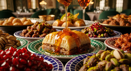 Obraz premium Delectable Middle Eastern Feast Dripping With Honey and Presenting Various Dishes