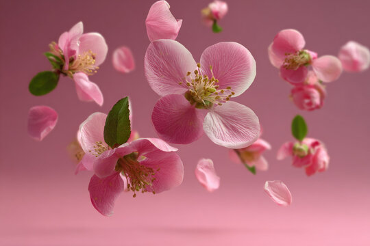 Fresh quince blossom, beautiful pink flowers falling in the air isolated on pink background. Zero gravity or levitation, spring flowers conception, high resolution image