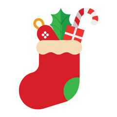 Red christmas stocking filled with festive treats green
