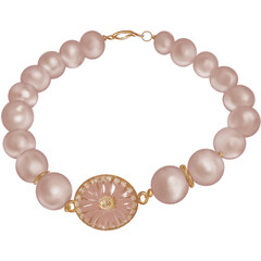 Artistic illustration of a bracelet with pearls and a centerpiece in beige on a transparent background