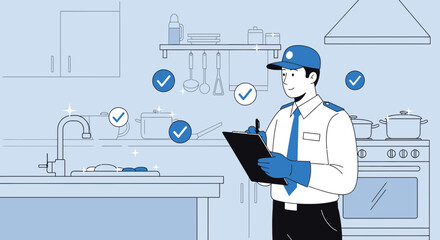Sanitation Inspector in a Kitchen Inspecting Cleanliness and Compliance Standards Approved