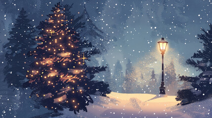 watercolor illustration, Christmas Eve, Christmas tree decorated with garlands, winter night landscape, street lamp in the park, vintage postcard, horizontal banner, copy space, free space for text