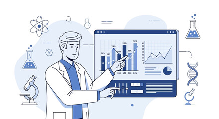 Scientist Presenting Analytical Data Charts and Graphs in Laboratory Environment