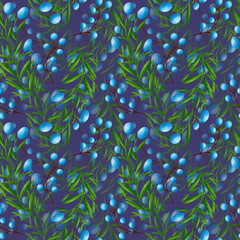 Beautiful blue berries and green branches with leaves, seamless floral botanical pattern. Digital watercolor hand drawn. For fabric, textiles, wrappers, covers, women, girls, accessories, gifts