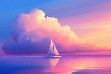 Sailing into serenity: A solitary sailboat glides across a tranquil sea under a sky painted with soft hues, evoking peace and wonder.