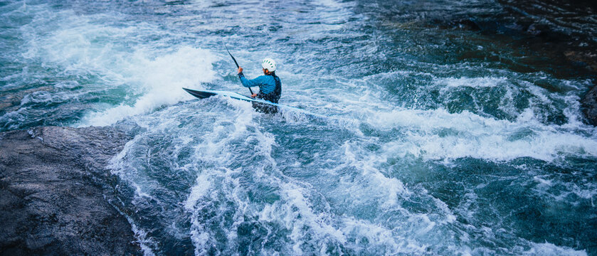 Kayaking in white water rapids, river kayak extreme water sports slalom - Powered by Adobe