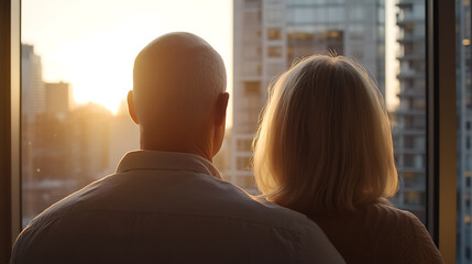 Senior couple admires cityscape at sunset, silhouetted against the light, creating a warm, intimate moment of reflection and shared experience.