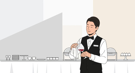 Server Polishing Wine Glass in Elegant Setting, Ready for Special Event or Banquet