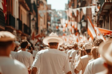 Festive Procession: A vibrant outdoor procession unfolds, filled with participants dressed in white, as they walk through a historical city.