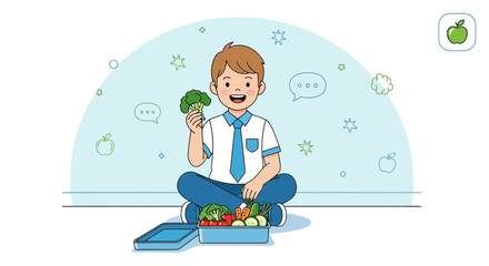 Fototapeta premium Smiling Schoolboy Holding Broccoli Shows Healthy Lunchbox With Variety Of Produce