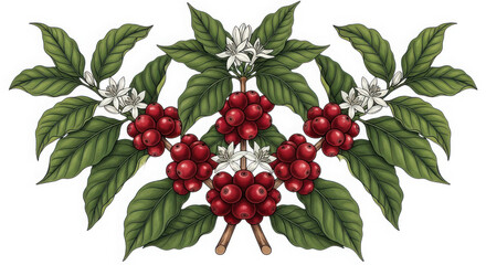 A symmetrical arrangement of ripe red coffee berries on branches with green leaves and white flowers isolated on white background