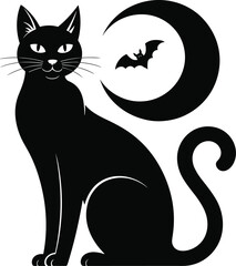Black cat silhouette, crescent moon, flying bat, Halloween vector, gothic theme, spooky design, festive illustration, mysterious animal, night decor