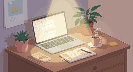 Cozy home office setup with a laptop, notebook, and coffee, perfect for remote work and study