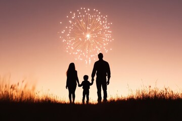 Family and Fireworks Silhouette: A silhouette of a family stands hand-in-hand, gazing at a dazzling firework display, painted against a soft sunset sky. A celebration of unity.