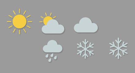 Collection of weather icons depicting sun, clouds, rain, and snow, representing various atmospheric conditions