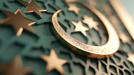 Crescent moon and stars on a patterned background. Golden celestial shapes evoke themes of spirituality, celebration, and cosmic elegance.