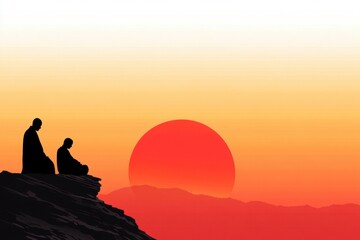 Tranquil Contemplation: Two figures sit in peaceful contemplation, silhouetted against a fiery sunset, embodying serenity and inner peace.