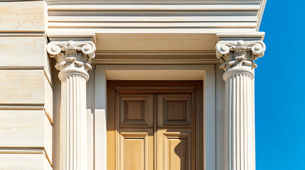 Architectural detail: Classic door framed by elegant columns, set against a bright sky. A timeless symbol of tradition and craftsmanship.