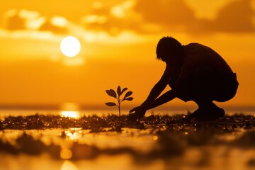 Silhouetted Nurturing: A solitary figure, silhouetted against a breathtaking sunset, tenderly plants a sapling, symbolizing growth, hope, and environmental consciousness.