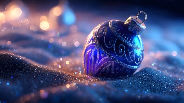 Blue Christmas ball ornaments and snowflakes in a snowy winter scene