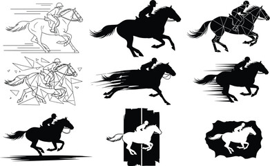 Horse rider silhouette, dynamic motion styles, abstract vector art, equestrian action, black and white design, stylized movement, modern graphic illustration, editable