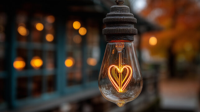 Fototapeta Wisząca, żarząca się żarówka Edisona z żarnikiem w kształcie serca. Tło to rozmyty, oświetlony taras w ciepłych, pomarańczowo-czerwonych kolorach.