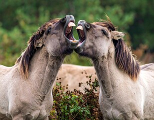 Two horses facing each other, mouths agape