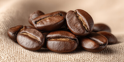 Obraz premium Garść świeżo palonych ziaren kawy, ułożonych w stos na teksturowanym, beżowym tle z juty. Ziarna są lśniące, ciemnobrązowe, z widoczną bruzdą.