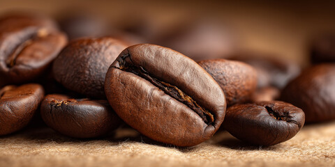 Obraz premium Makro ujęcie świeżo palonych ziaren kawy na teksturowanym, brązowym tle. Ostrość skupiona na ziarnie z widoczną bruzdą na pierwszym planie.