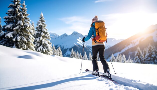 Woman ski touring in snowy mountains (2)