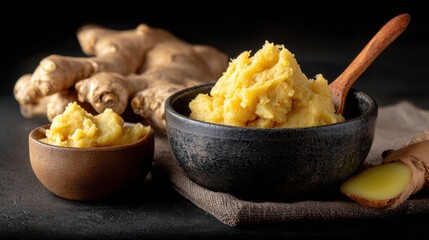 Stunning photo of grated ginger in bowls with ginger root on a dark background.