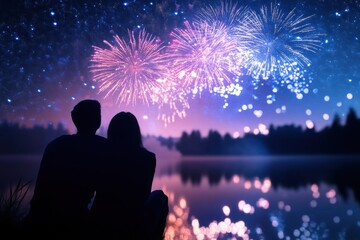 Night Sky Celebration: A silhouette of a couple gazing at vibrant fireworks display over tranquil lake and tree, an elegant portrayal of romance.