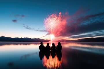 Celebration of the Night: A group of people is silhouetted against the calm water, witnessing the majestic burst of fireworks at the time of sunset. Capturing the joy of a moment of celebration.