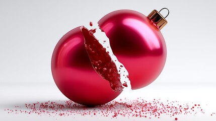 A red ornament is broken in half, with a piece of it missing. Concept of loss and sadness, as the once whole ornament is now incomplete