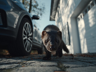 Kuna domowa na podjeździe, na tle szarego samochodu i białego garażu. Zwierzę patrzy prosto w kamerę. Ujęcie z niskiej perspektywy.