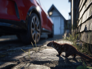 Kuna przemykająca po brukowanym podjeździe, blisko drewnianego budynku. W tle, na pierwszym planie, rozmyte, czerwone tylne koło samochodu.