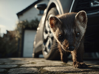 Zbliżenie na młodą kunę, która wyłania się spod zderzaka ciemnego samochodu. Stoi na brukowanym podjeździe. Niskie, jasne słońce.