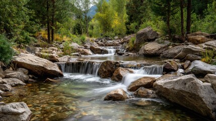 Fototapeta premium Stunning photo of cascading stream flows through a forest with rocks and lush green trees.