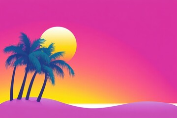 Tropical Paradise Illustration: A vibrant, sunny scene of palm trees, a radiant sun, and a picturesque horizon evokes a sense of tropical bliss and wanderlust.