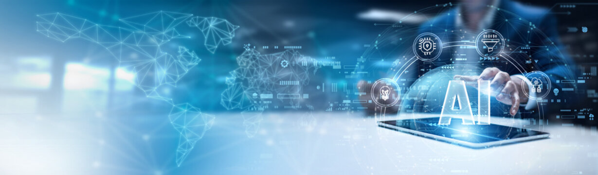 Businessman using tab and analysis AI data. machine learning algorithms, intelligent decision systems, predictive data analytics, natural language processing, neural network applications