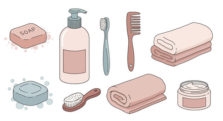 Collection of bathroom hygiene and personal care items for daily routine